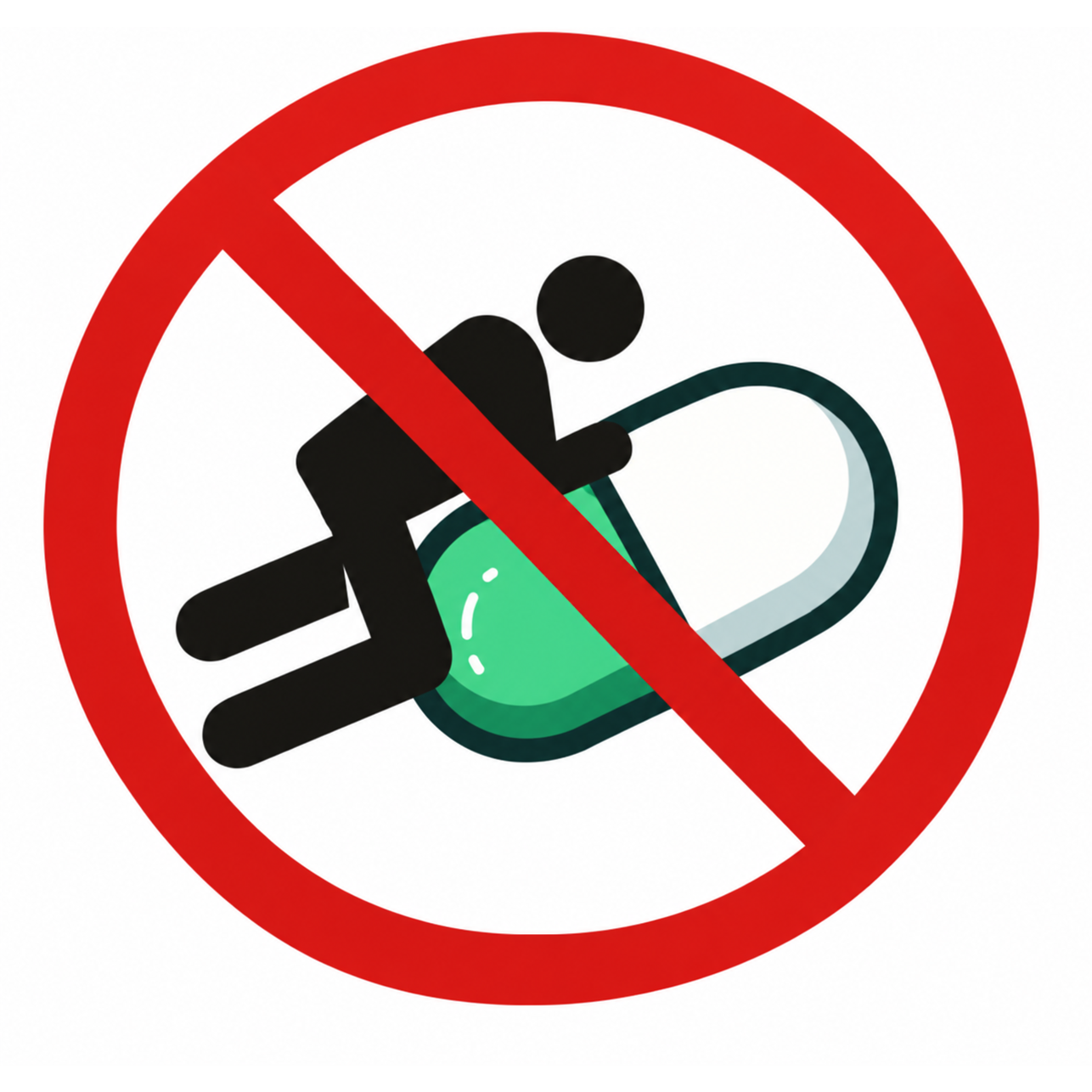 Red prohibition symbol over a figure pulling away a green capsule