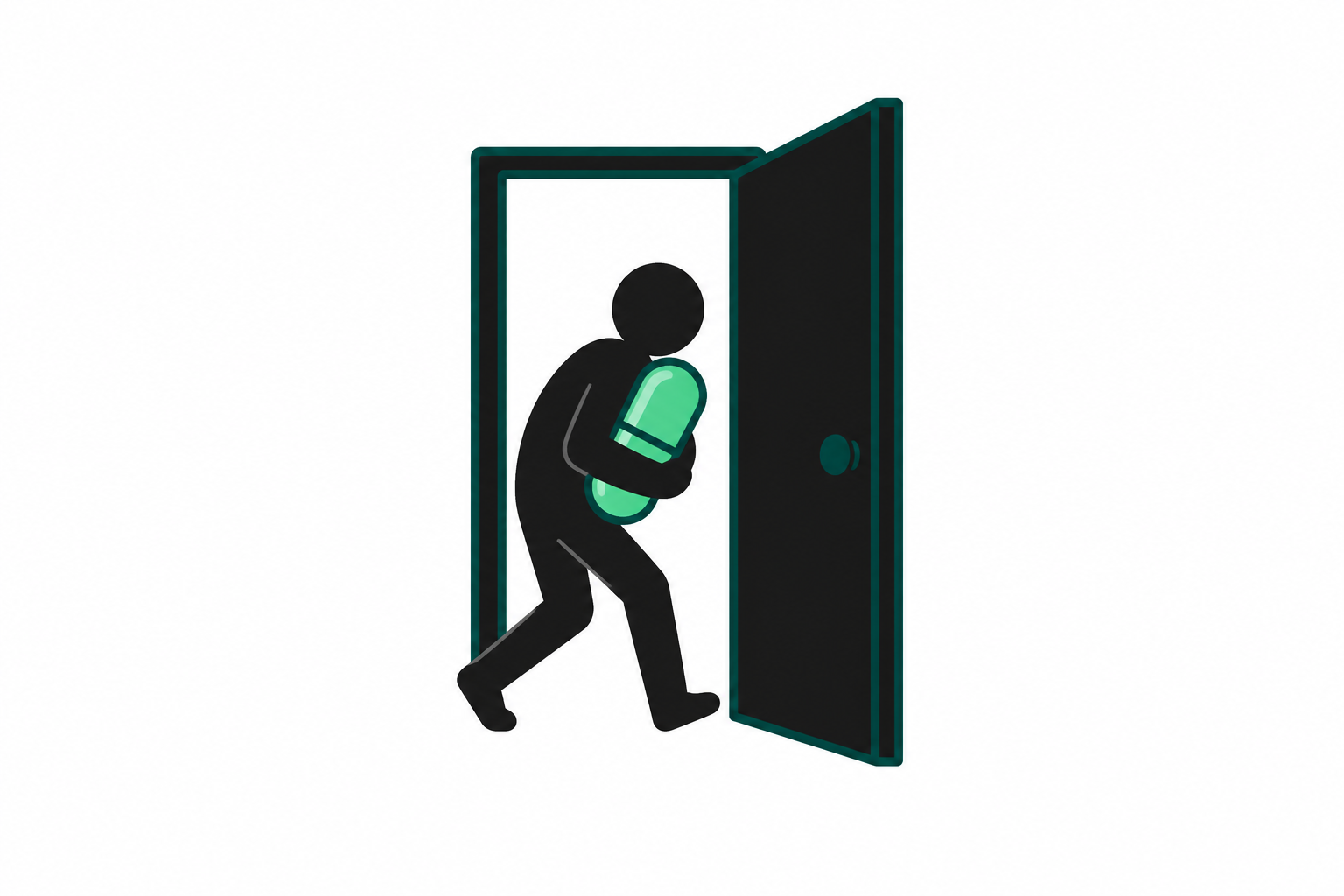 A figure carrying a green capsule through an open door