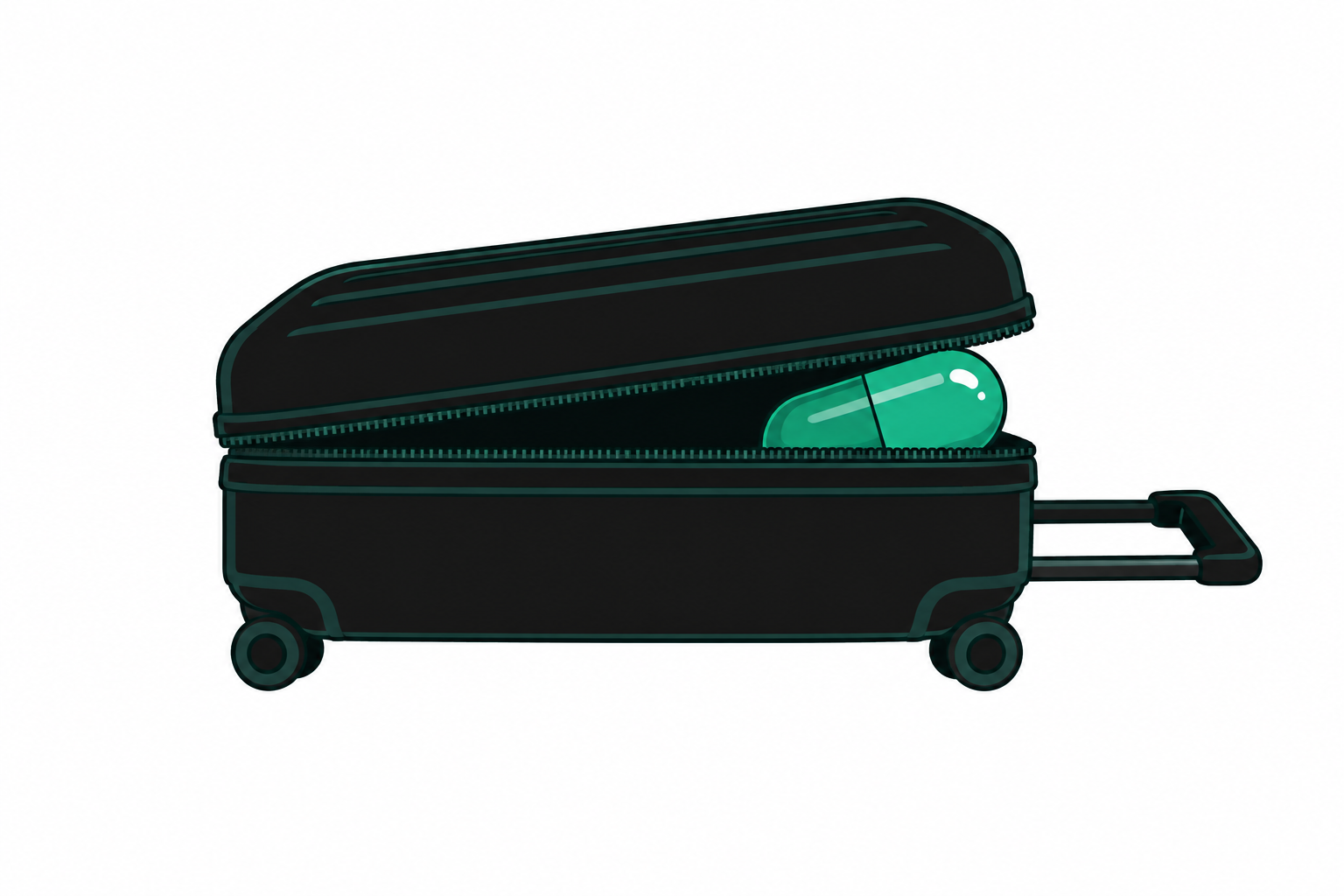 An open suitcase with a green capsule inside